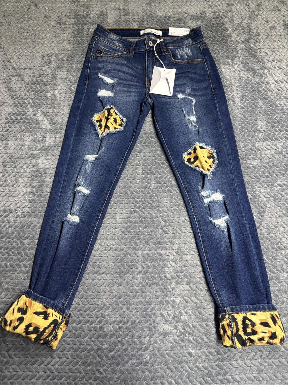 KanCan Dark Blue Distressed Jeans with Yellow Leopard Patch & Cuff